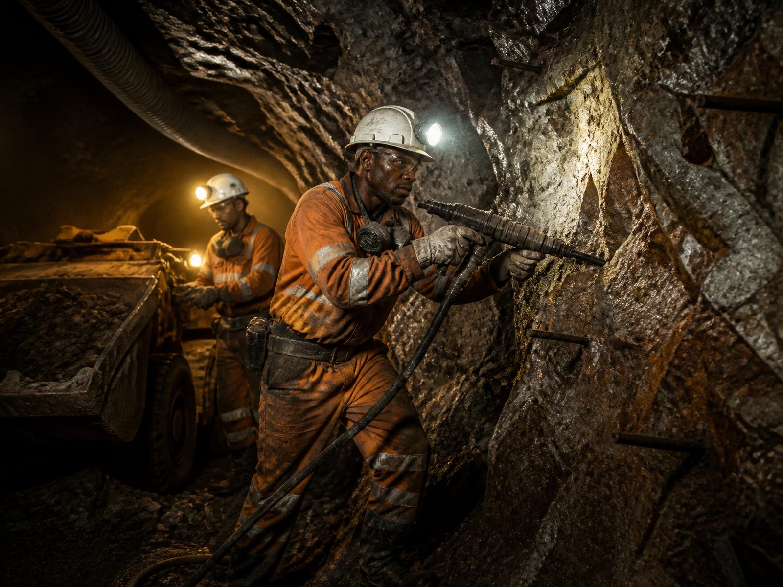 Miners in high-visibility PPE working at the underground rock face